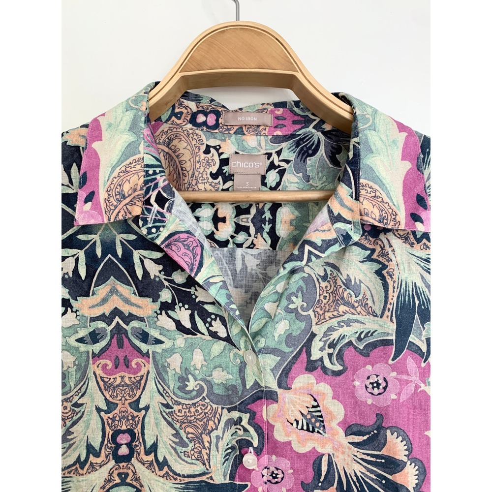 Chicos No-Iron Linen Floral Roll-Tab Shirt 3 (XL 16/18) NWOT Resort Pastel Top - Picture 2 of 16